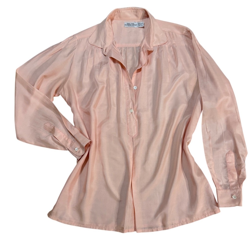Vintage Sears Designer Shop Silk Peach Blouse M Long Sleeve Pastel Secretary